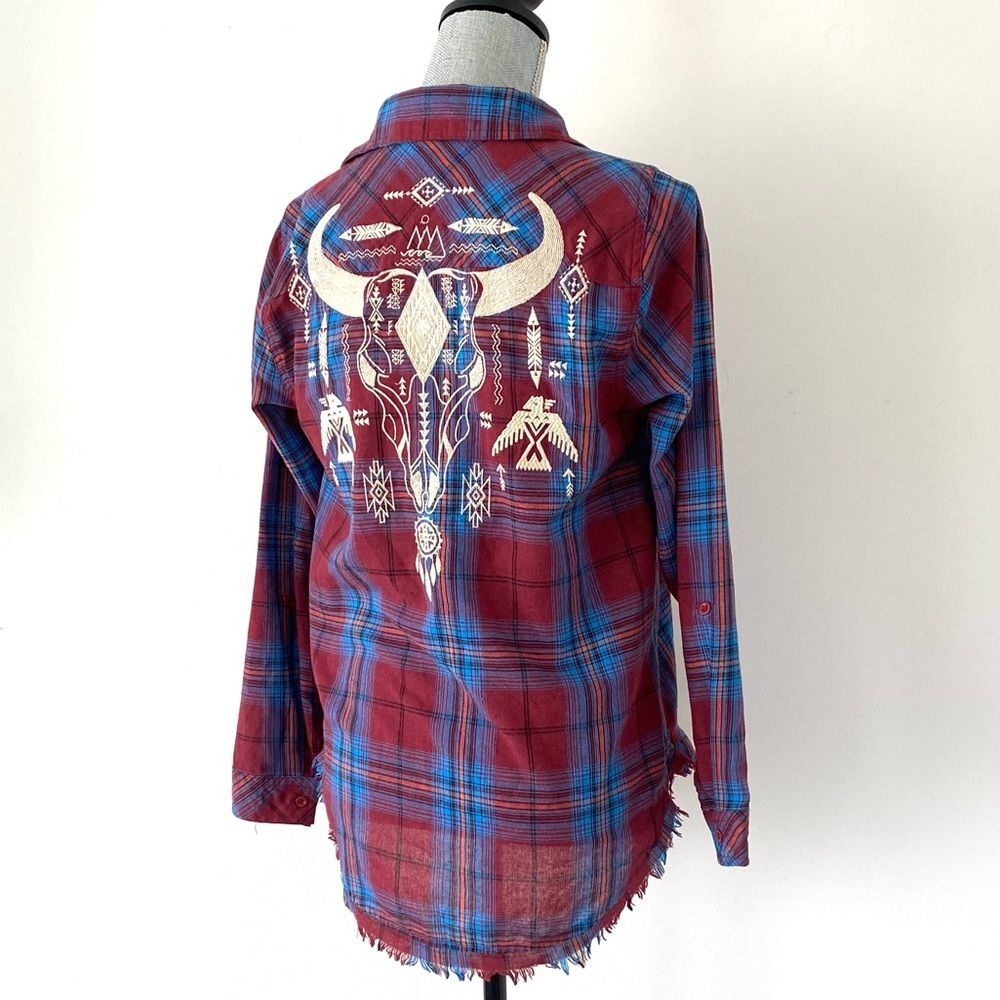 Savanna Jane Embroidered Back Red & Blue Plaid Button Down Shirt Sz S Western
